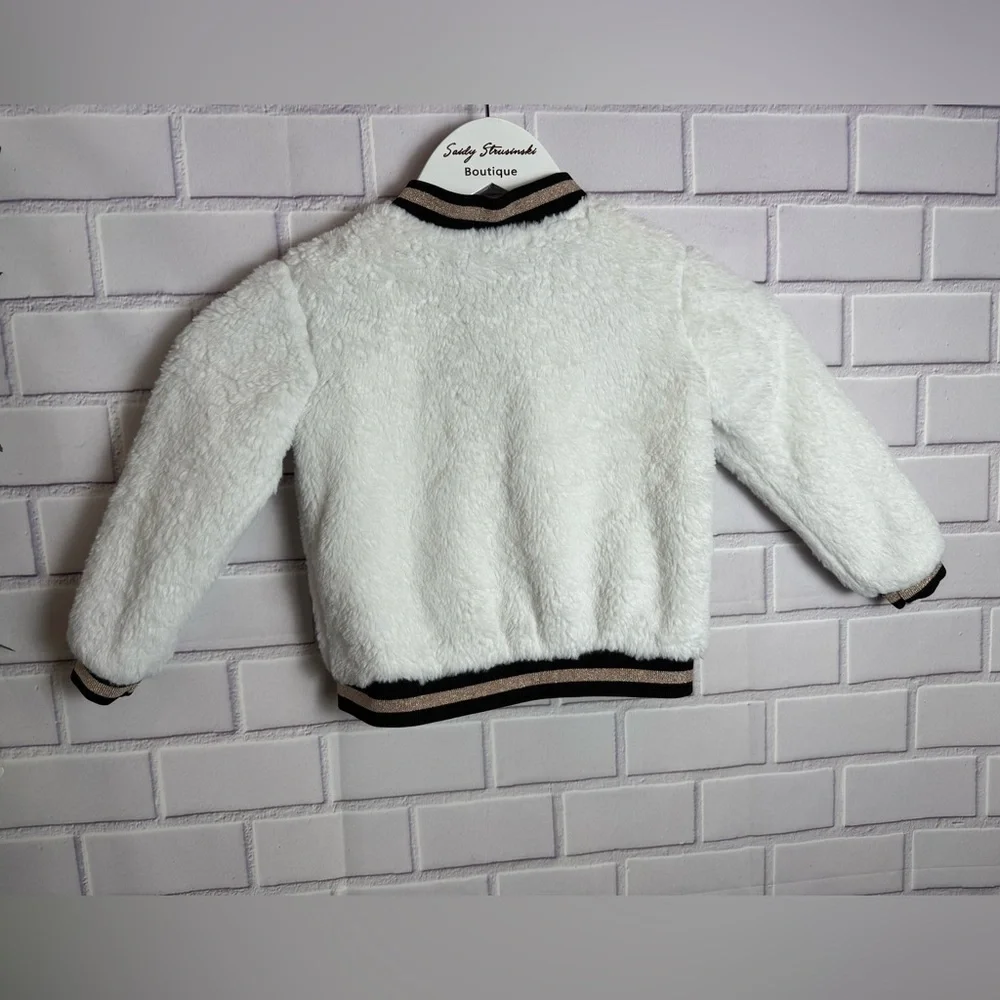 Tahari Baby Girl Sherpa Bomber Jacket Size 3T, White & Gold Trim